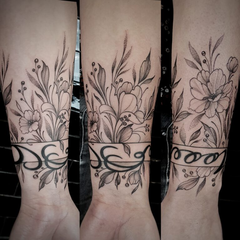 tattoo artiest amsterdam Flower Floral Arm Bracelet Sleeve Tattoo Fineline flowers and berries by Marloes Lupker dotwork