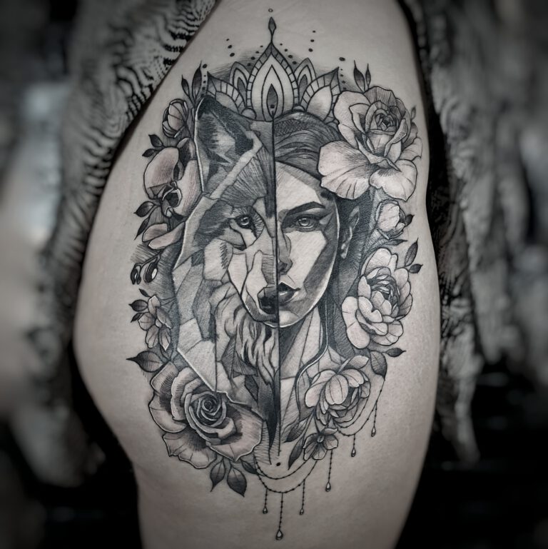 Half Wolf Half Woman Hip Tattoo by Marloes Lupker