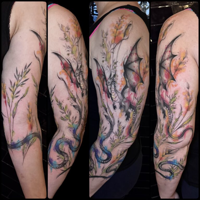 colorful sketchy and watercolor dragon snake and grass tattoo sleeve by Marloes Lupker