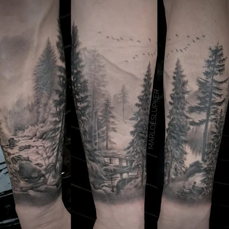 realistic forest landscape sleeve tattoo by Marloes Lupker