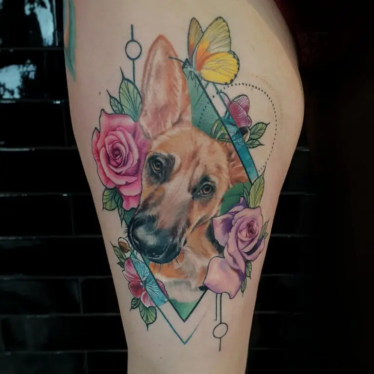 dog pet portrait tattoo with roses and butterflies in color realism by Marloes Lupker