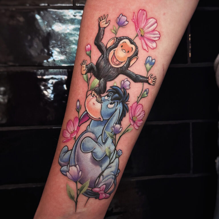 eeyore ior and monkey cartoon tattoo by Marloes Lupker