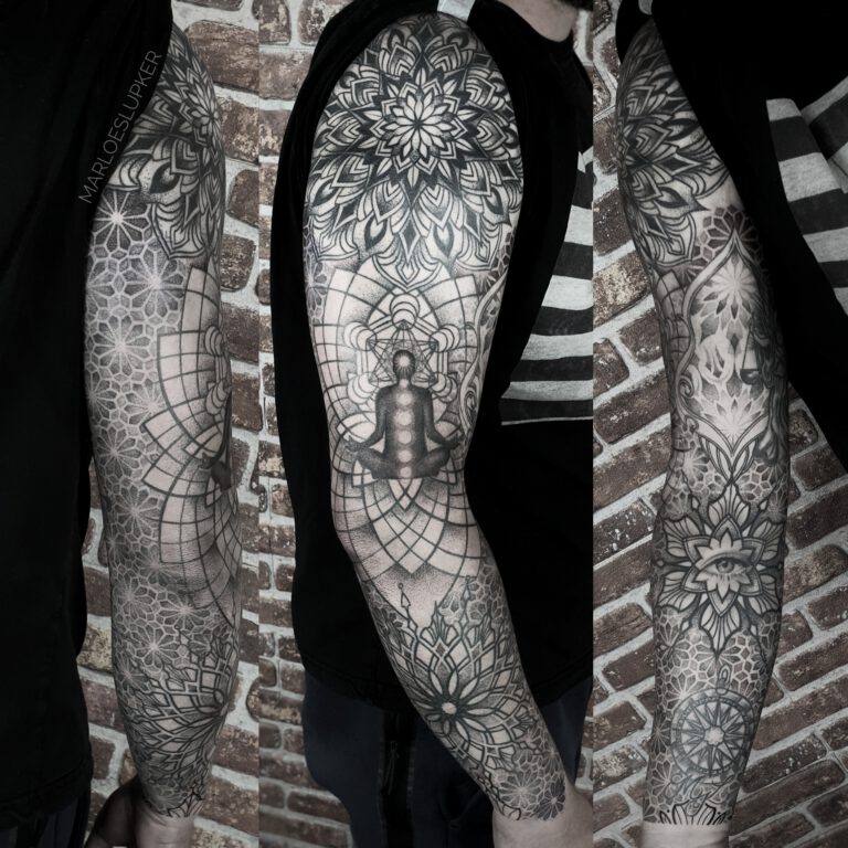 geometric style tattoo sleeve by Marloes Lupker