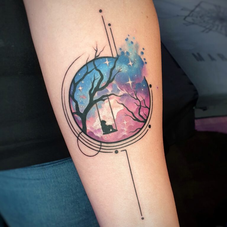 space and girl on a swing geometric tattoo by Marloes Lupker