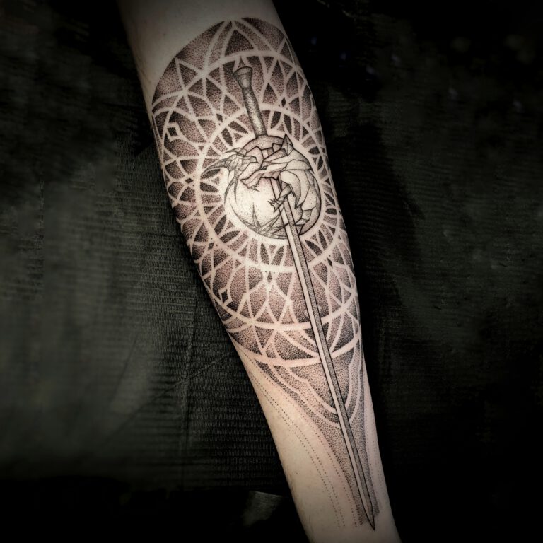 Geometric dotwork mandala pattern and witcher sword by Marloes Lupker