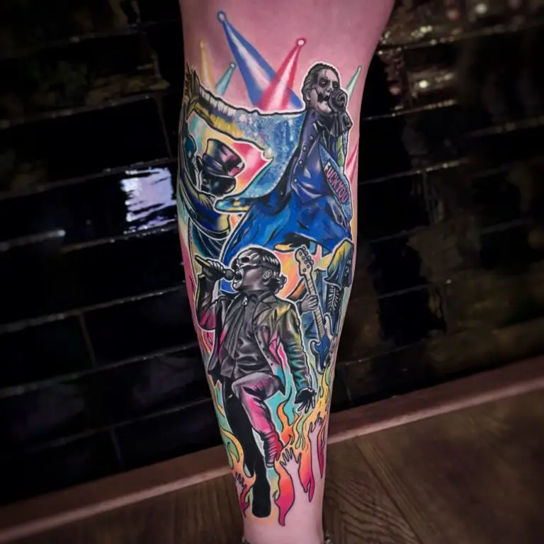 The band Ghost tattoo with papa emeritus IV and Papa Perpetua and ghouls color realism tattoo by Marloes Lupker