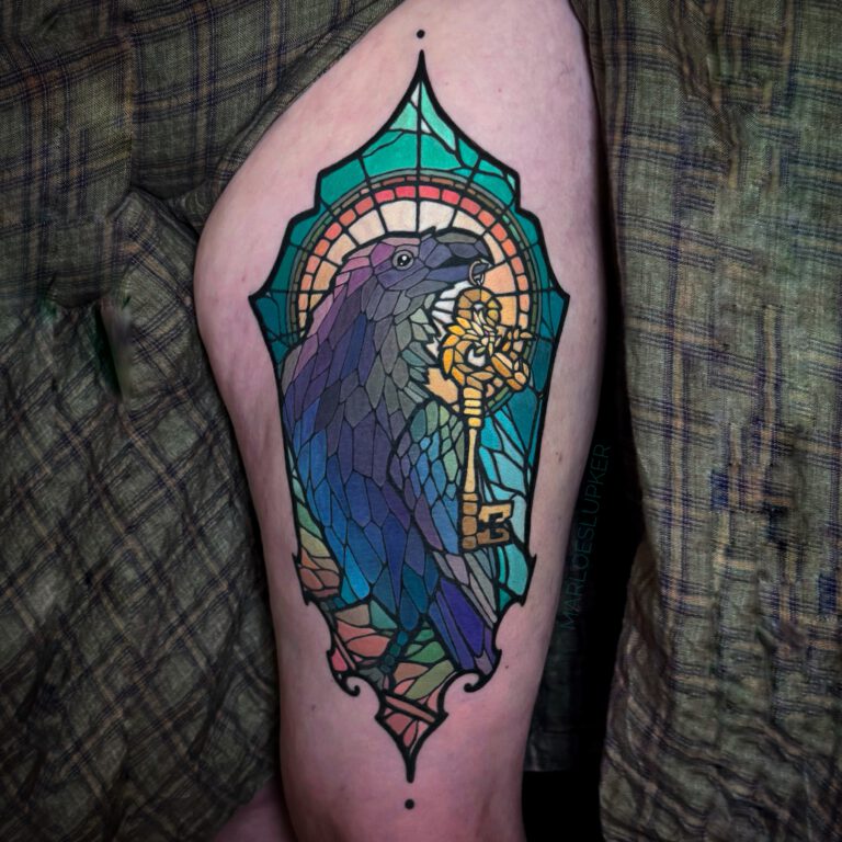 Raven in stained glass tattoo style by Marloes Lupker