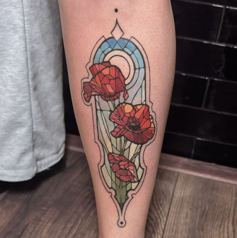 Poppy stained glass tattoo by Marloes lupker