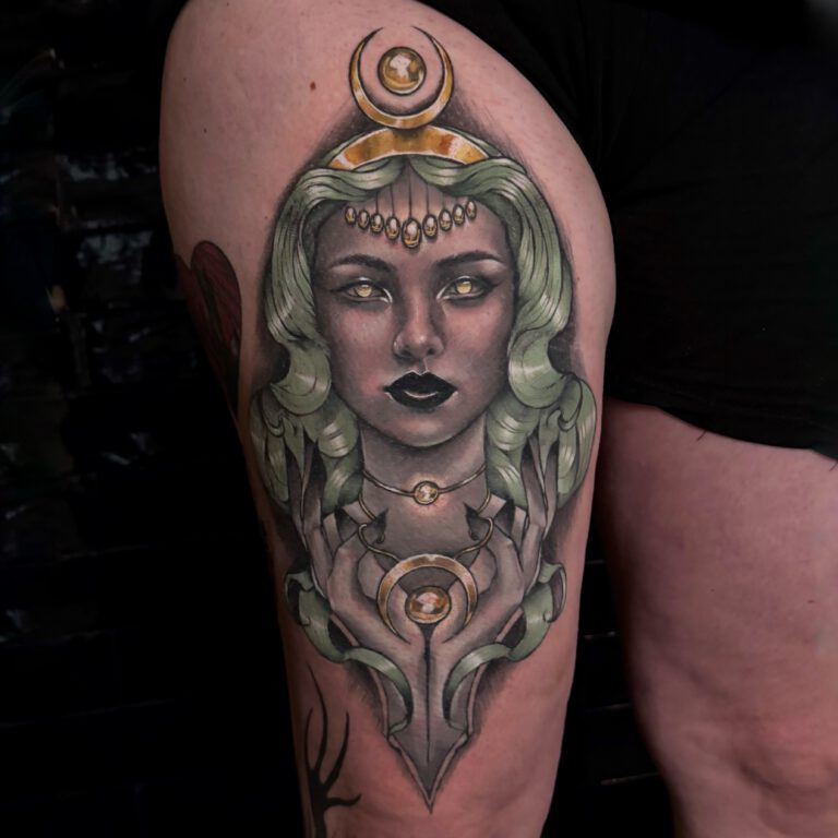 Gold Coveting witch tattoo in neotraditional style by Marloes Lupker