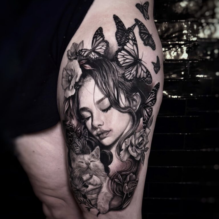 Nature goddess with kitten roses and butterflies black and grey realistic tattoo by Marloes Lupker based in amsterdam the netherlands