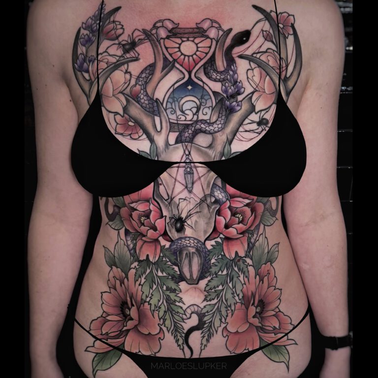 neotraditional deer skull and flower torso piece large tattoo by Marloes Lupker