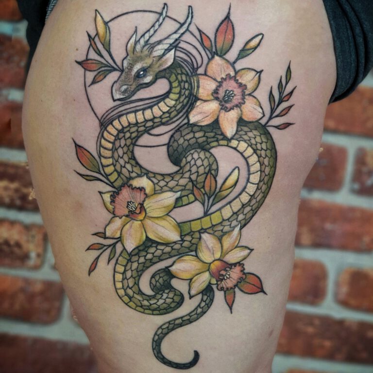Dragon and Daffodils Tattoo in Neotraditional Style by Marloes Lupker