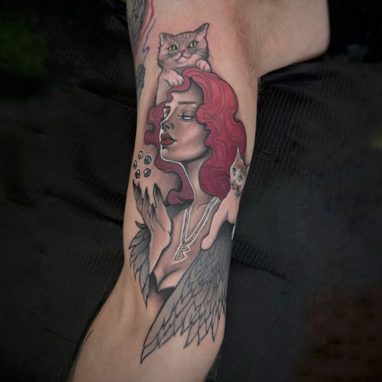Freya Cat Lady Tattoo in neotraditional style by Marloes Lupker