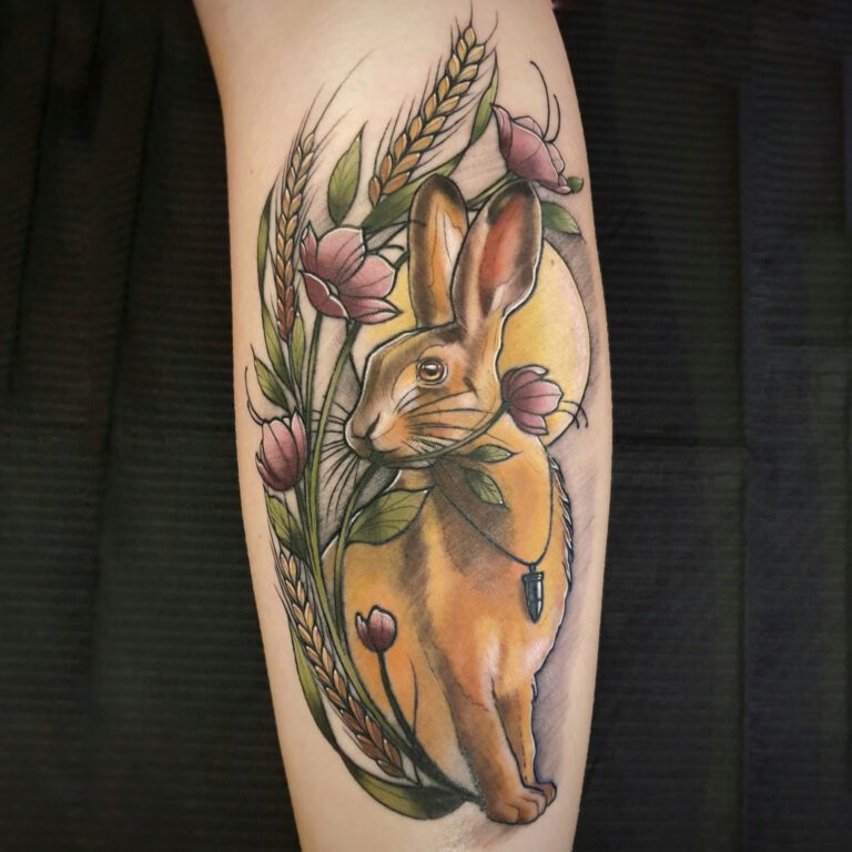 Hare with a bullet tattoo in Neotraditional style by Marloes Lupker