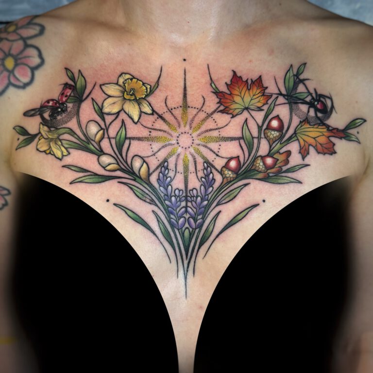 Nature Goddess Chest piece in neotraditional tattoo style by Marloes Lupker based in Amsterdam