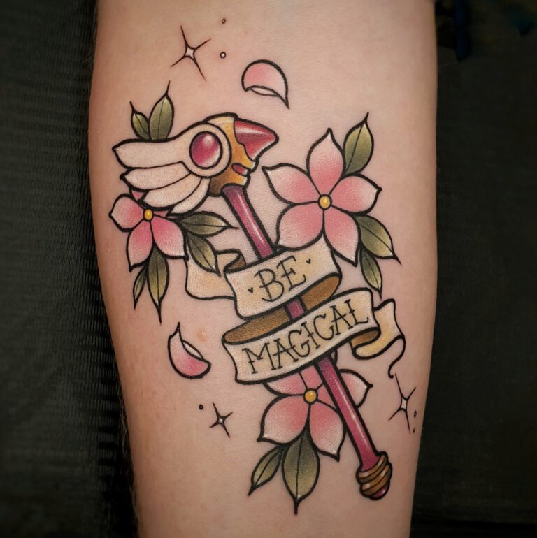 Sakura Card wand tattoo in neotraditional style by Marloes Lupker