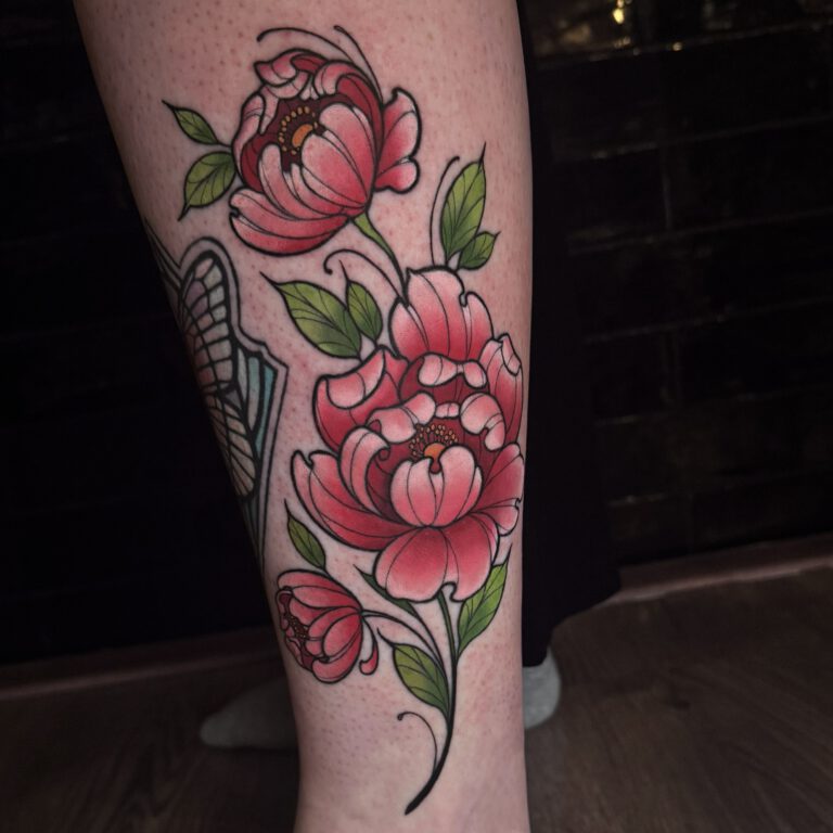 peony rose tattoo in neotraditional style by Marloes Lupker