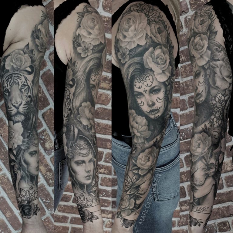 realistic portrait and rose black and grey tattoo sleeve by Marloes Lupker Amsterdam the Netherlands