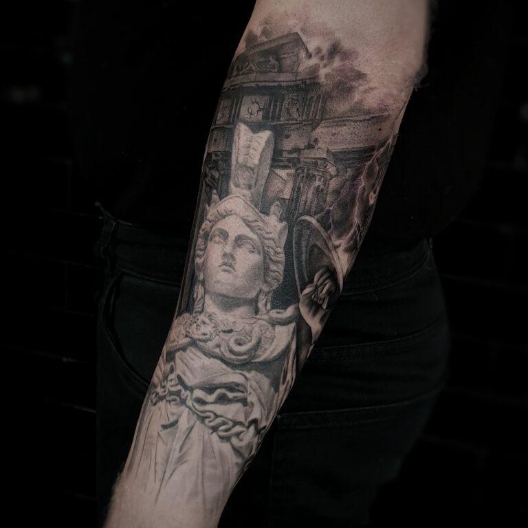 Athena statue realistic greek goddess tattoo by Marloes Lupker