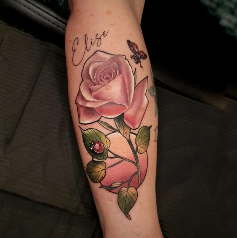 soft pink rose and ladybugs tattoo by Marloes Lupker