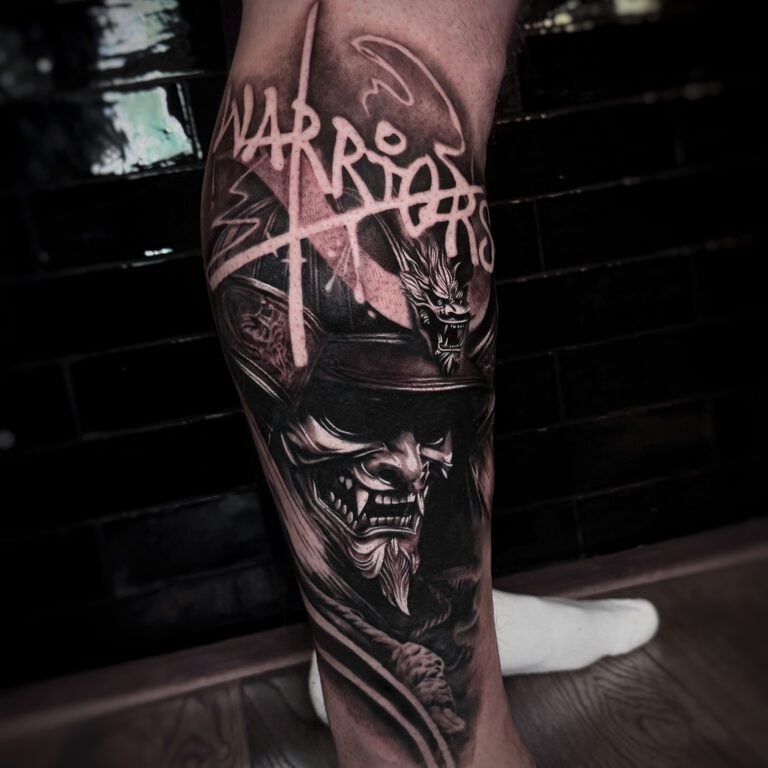 Samurai warrior in black and grey realistic tattoo style by Marloes Lupker