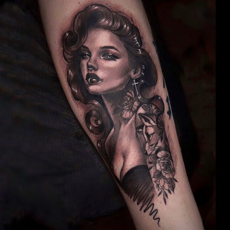 Foxy Lady Sexy sketchy black and grey tattoo by Marloes Lupker