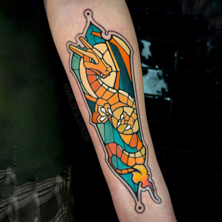 Charizard Pokémon tattoo in stained glass style by Marloes Lupker