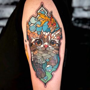 Swimming Cat Tattoo in Stained glass style by Marloes Lupker