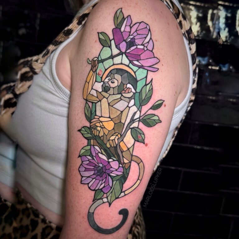 Monkey in stained glass tattoo style by Marloes Lupker