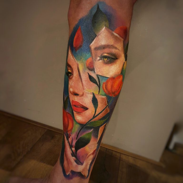 woman with flowers surrealism color realistic tattoo by Marloes Lupker
