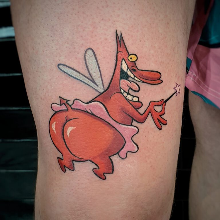 The red guy in copy fairy costume from cow and chicken cartoon network tattoo by Marloes Lupker