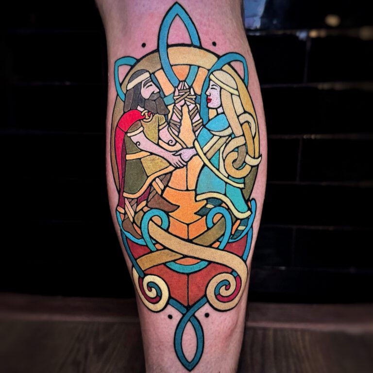 Thor and Sif Viking Wedding tattoo in stained glass style by Marloes Lupker