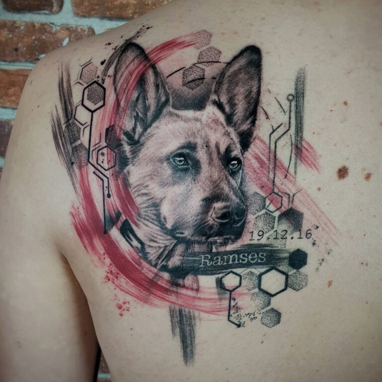 dog portrait with trash polka style tattoo by Marloes Lupker