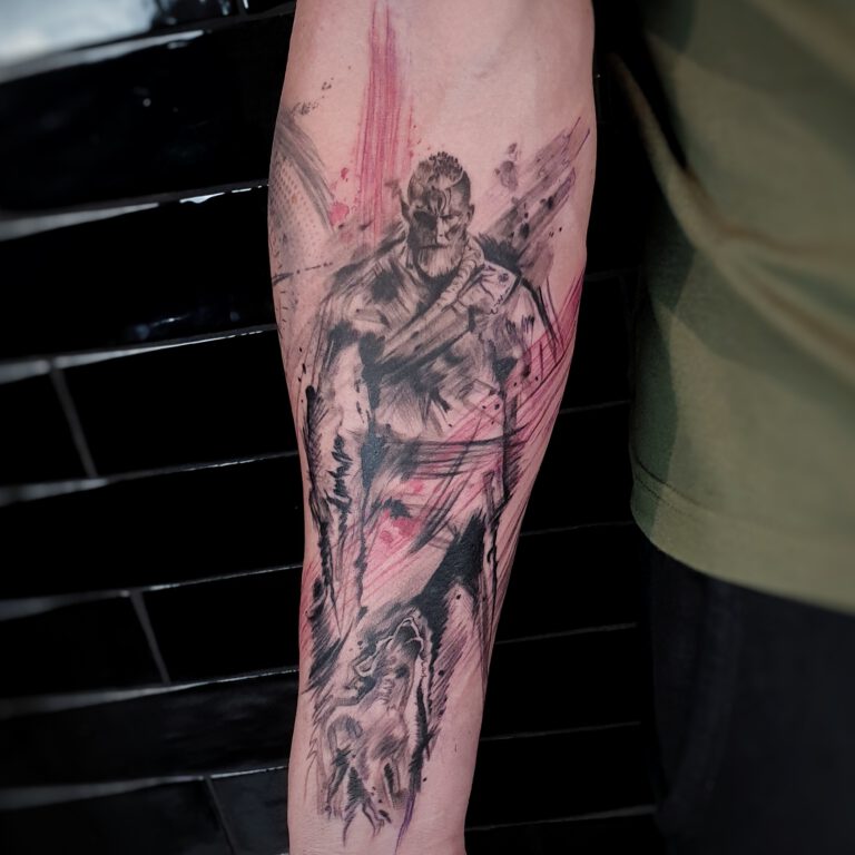 viking tattoo with wolf pup in trash polka style tattoo by Marloes Lupker