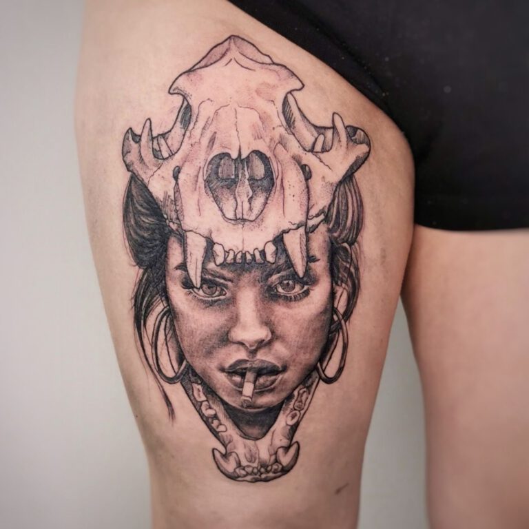 catskull girl portrait tattoo by Samalandra