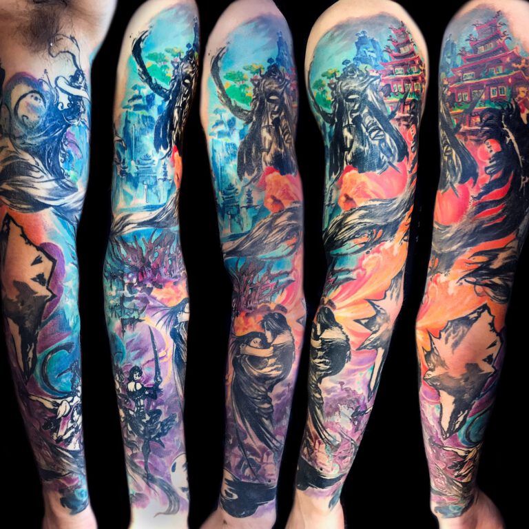 colorful illustrative sleeve tattoo
