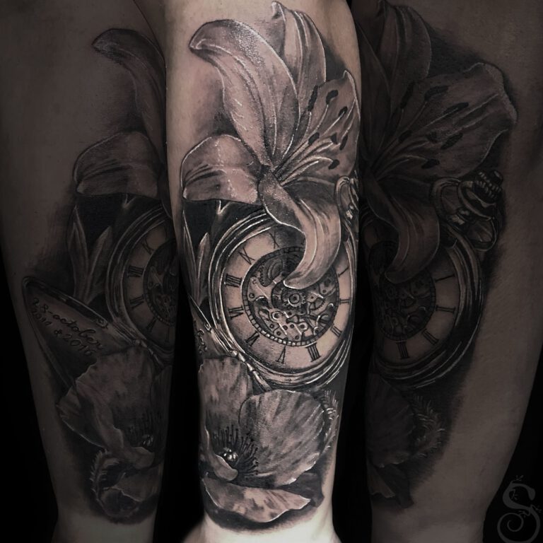 black and grey lillies and clock tattoo by Samalandra