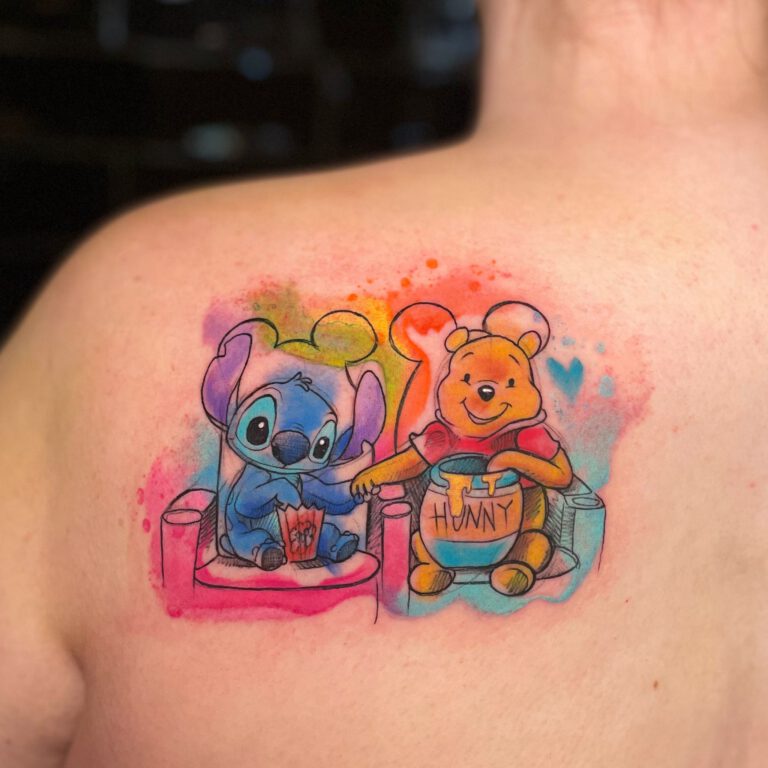 watercolor Stitch and Winnie The Pooh Tattoo