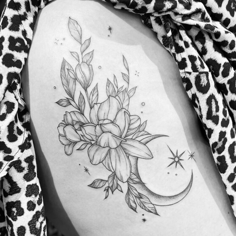 flowers and moon tattoo by cleo vlaming