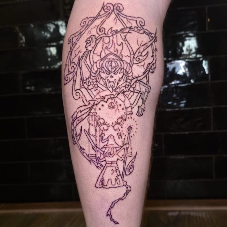 Tatoeage op het been met Gandalf en de Balrog van Morgoth uit *The Lord of the Rings*, door Kjell Ziesemer