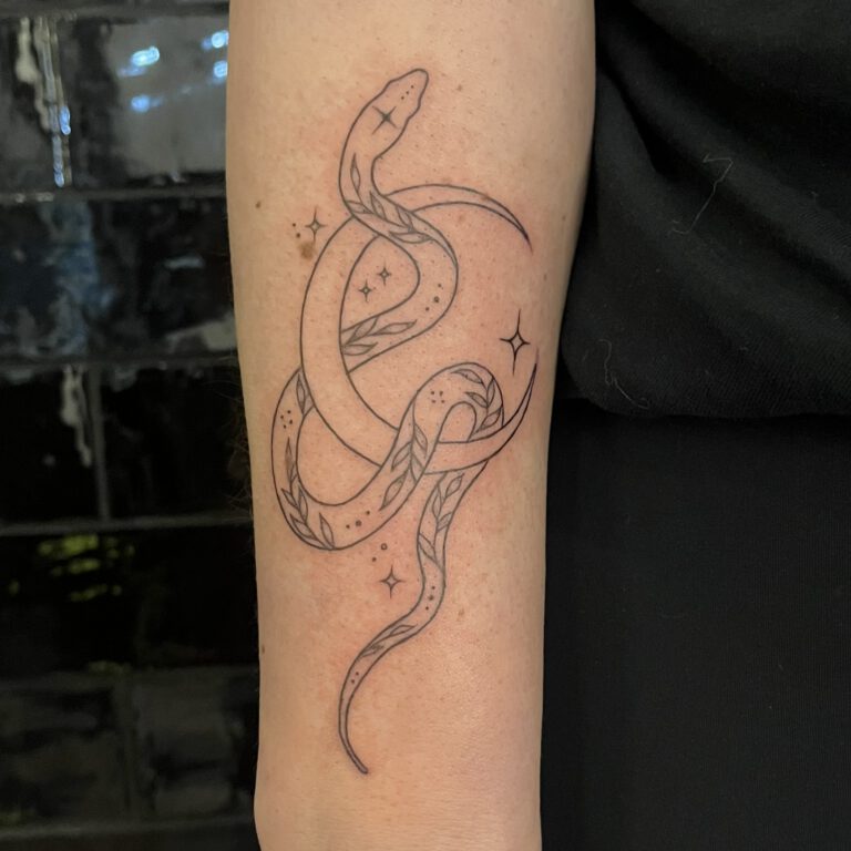 fineline snake and moon tattoo by cleo vlaming