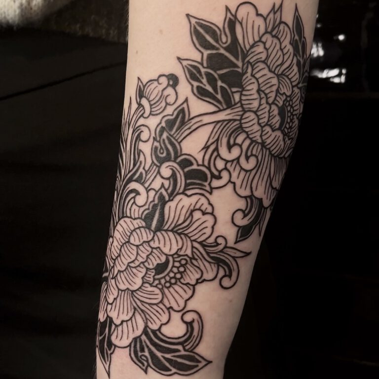 traditional peony rose tattoo by cleo vlaming