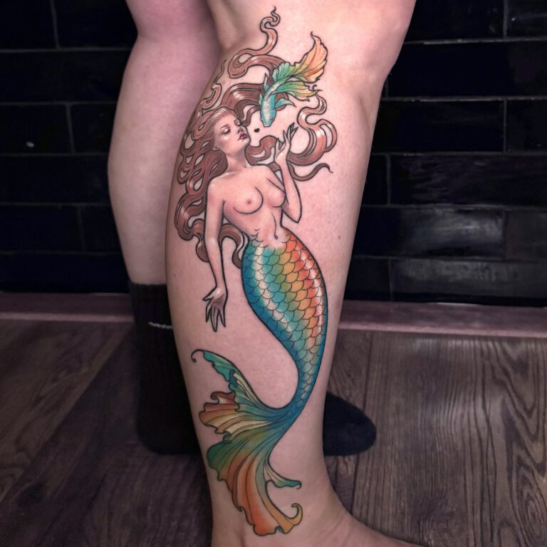 gorgeous neotraditional inspired mermaid tattoo by Marloes Lupker from Amsterdam the Netherlands
