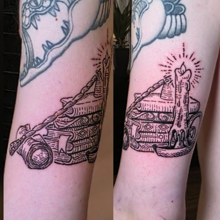 wood carving style tattoo of a stack of books and candle by Kjell Ziesemer in Amsterdam